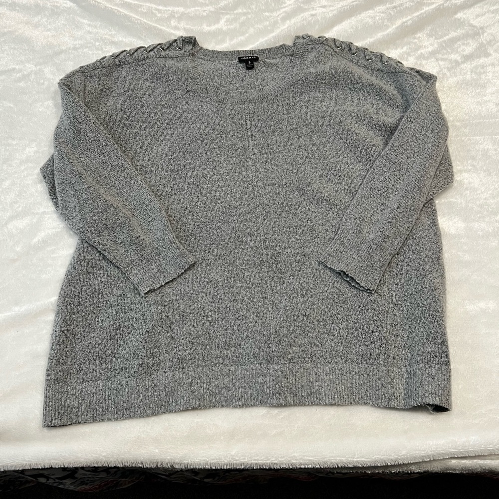 TORRID Light Grey Super Soft Sweater with Lace-up Detailed Shoulder